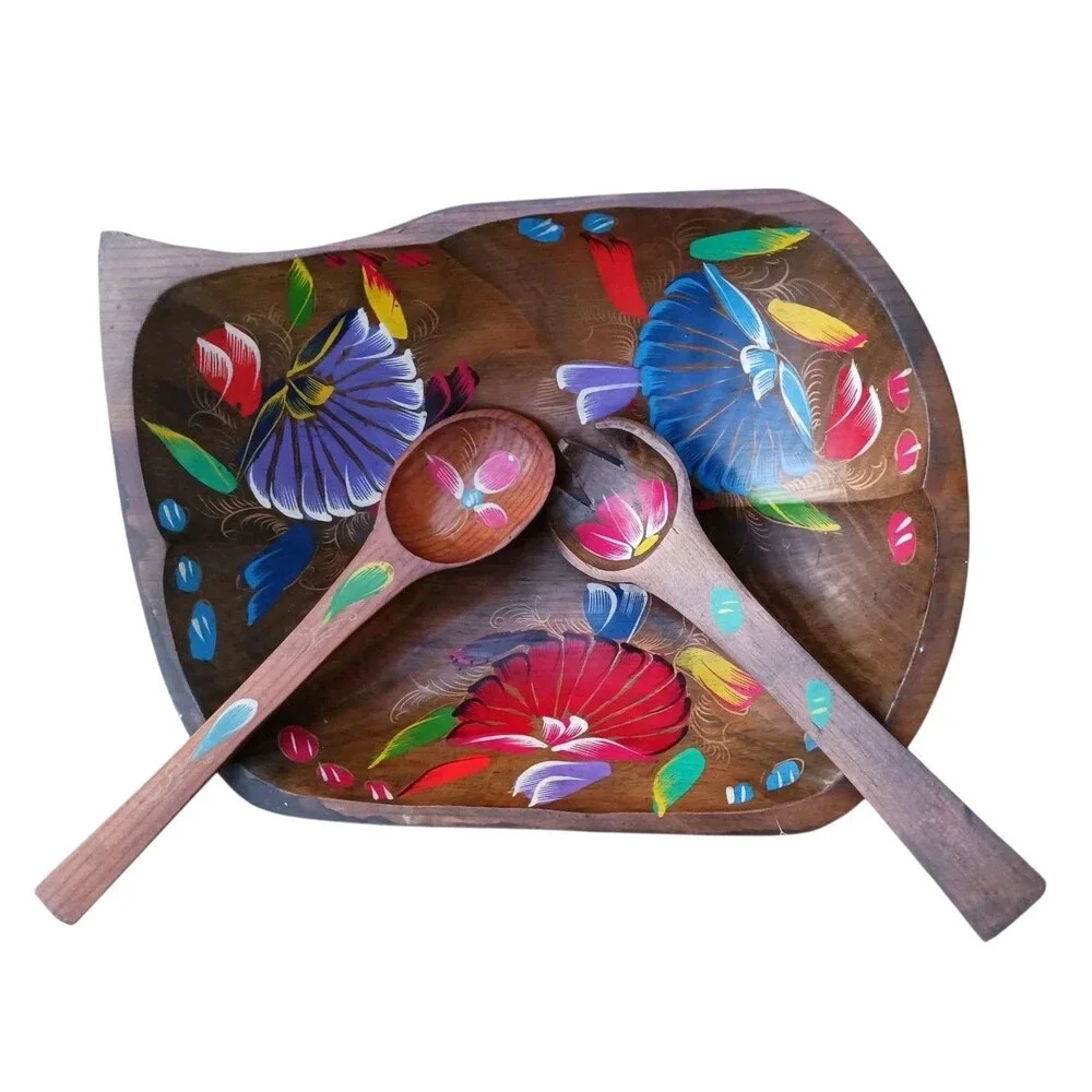 VINTAGE Mexican MEXICO Folk Art Batea Wood Serving Bowl HAND PAINTED Spoon, Fork